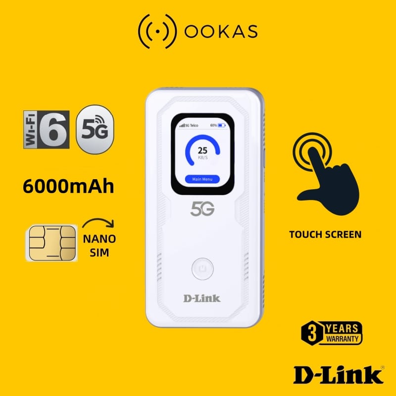 D-Link DWR-U2100 5G Wi-Fi 6 MiFi dengan skrin sentuh warna dan bateri 6000mAh