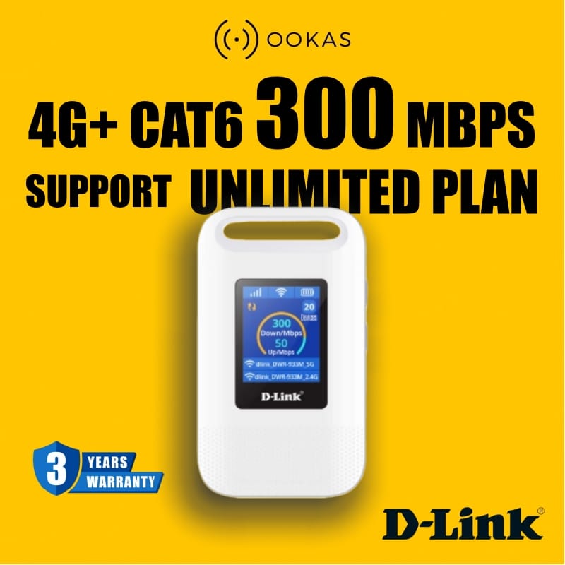 D-Link DWR-933M MiFi 4G+ Cat6 Wi-Fi 6 mobile hotspot dengan skrin paparan
