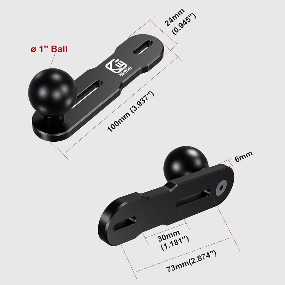 Dimensi mount base — panjang 100mm, lebar 24mm, tebal 6mm, bebola 1 inci